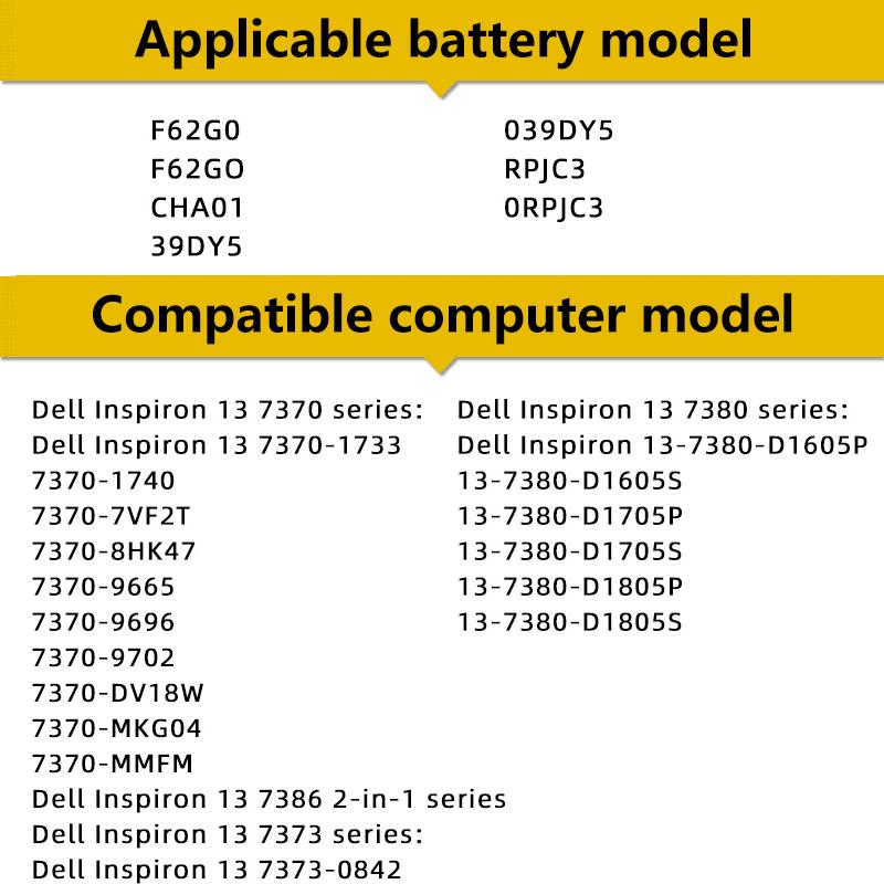 Replacement Laptop Battery F62G0 F62GO For DELL Inspiron 13 5370 7370 7380 7373 Vostro RPJC3 0RPJC3 39DY5 039DY5