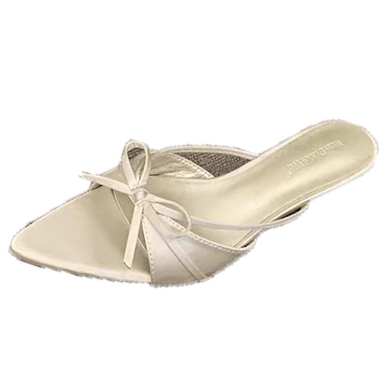 Summer new satin pointed head fish mouth high heels thin heel sexy word wear cool slippers half drag