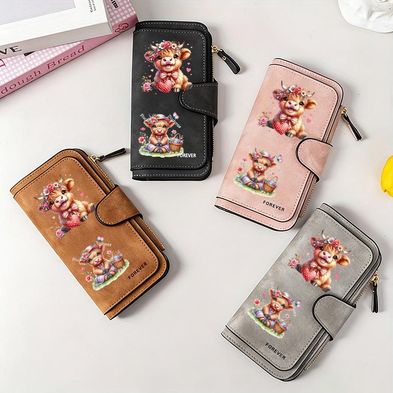 Women's Long Wallet with Scottish Highland Cow Pattern Multi-functional Portable Snap Button Coin Purse Fun Design Perfect for Birthday and Daily Use