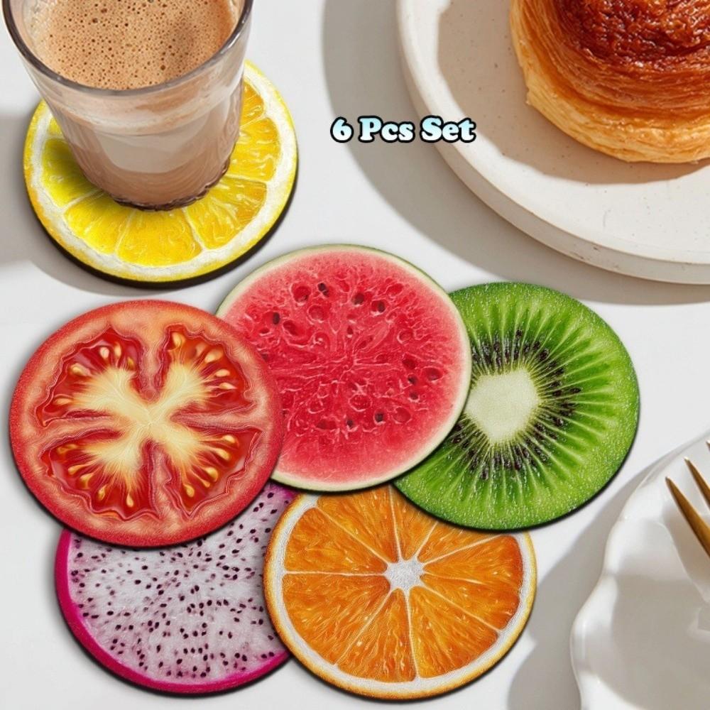 6 Pieces Wooden Heat Insulation Pad Fruit Pattern Non-Slip Tableware Mat Round Cup Mat Table Decor