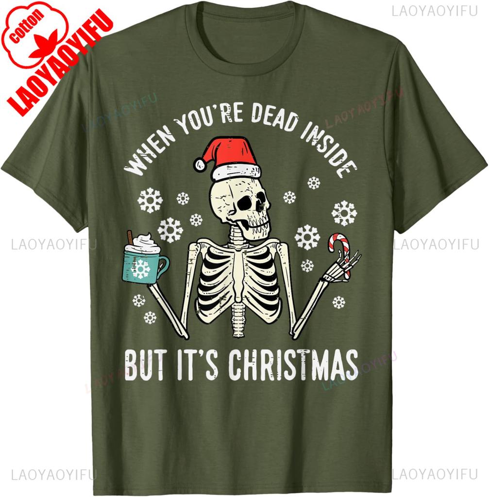 Dead Inside But Its Christmas Skeleton Coffee Xmas Cotton TShirt Men and Women Crew Neck Short Sleeve Casual Shirts for Women