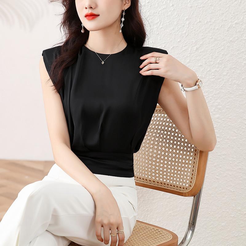 Dámské tričko s krátkým rukávem na léto Nové Popruhy a Pas Krátký Top Bez rukávů Saténová Košile