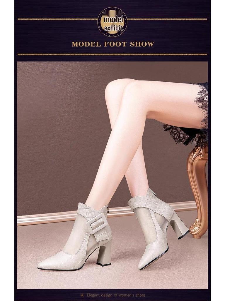 2025 Summer Women's Sexy Leather Mesh Cutout High Heel Sandals - Chunky Heel, Closed Toe, Chic and Cool Design