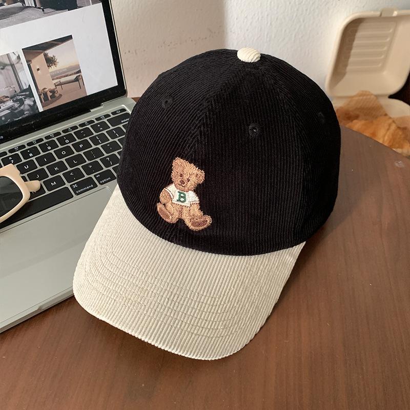 

Cute Bear Embroidered Corduroy Color Blocked Baseball Cap for Women Autumn and Winter Large Head Cap Versatile Hat M（56-58cm）