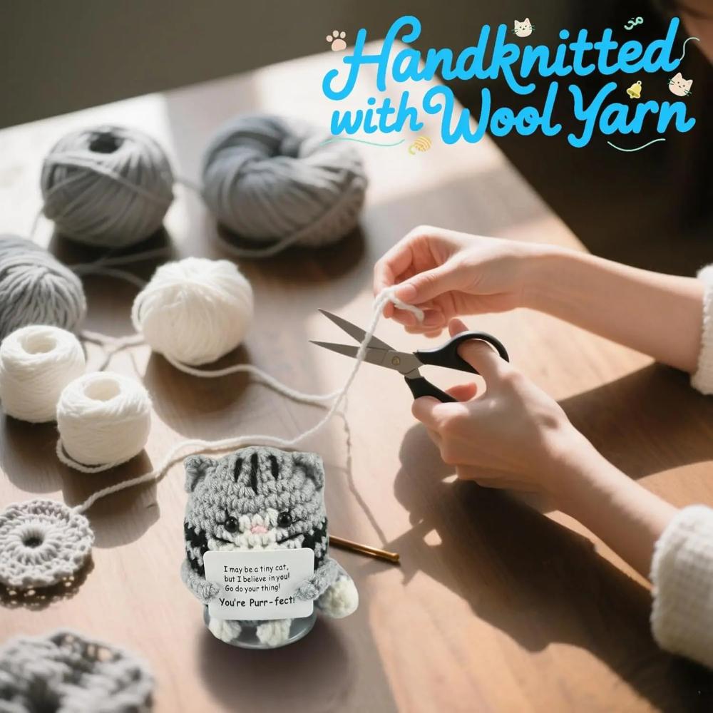 Handmade Funny Mini Crochet Cat Emotional Support Toy Cheer Up Stress Relief Gift for Teens Christmas Festival