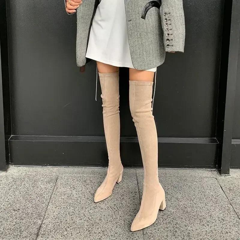 Fashion Over The Knee High Boots Women Pointed Toe High Heels Chelsea Snow Boots 2024 Trend Winter Suede Sexy Chunky Pumps Zapatos Mujer