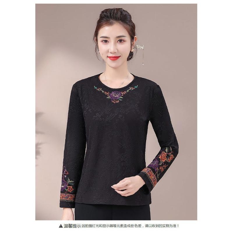 Autumn Winter Bottoming Shirt Plus Velvet Retro Embroidered Ethnic Style T-shirt, Round Neck Versatile and Elegant Top for Women