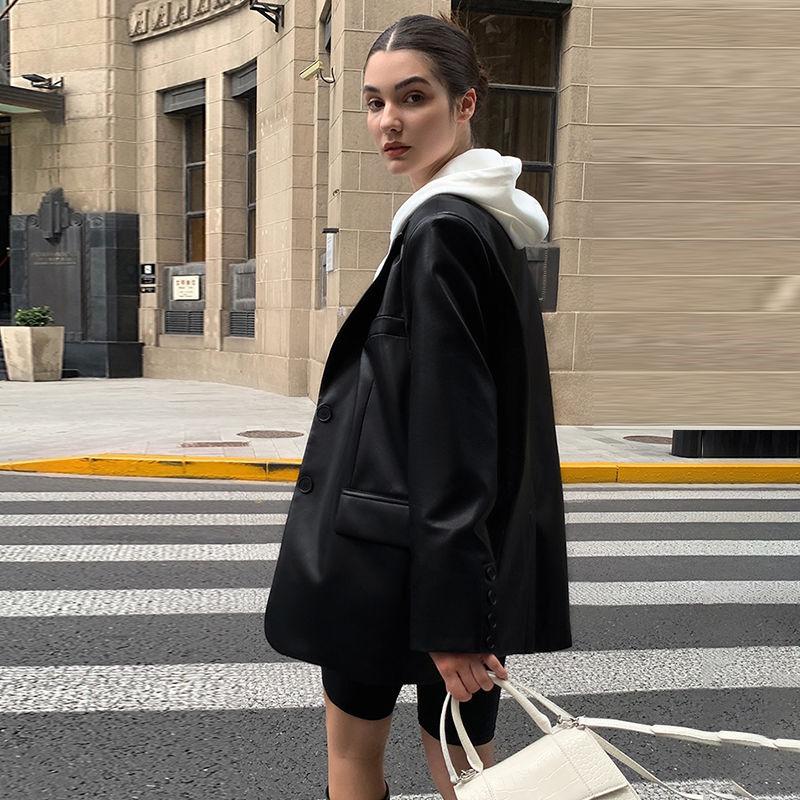 Black Long PU Leather Suit Jacket Women's Loose Spring Autumn Coat with Elegant Style Plus Size Leather Jacket