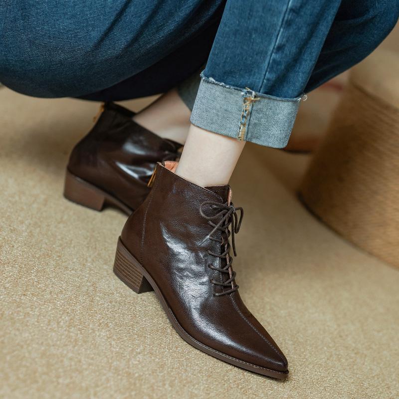 2024 Nye Høst Snørestøvletter for Kvinner Spiss Tå Tykk Hæl Støvletter Ekte Skinnsko for Kvinner Konsise Svarte Ankelstøvletter