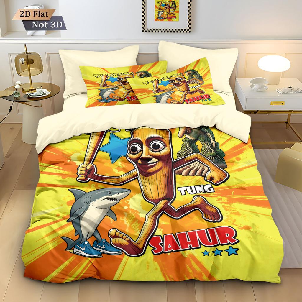 Cartoon ai Brainrot Tung Tung Sahur Bedding Set Bedroom Decoratio Duvet Cover Pillowcase Adult Boy Girl Single Double Large Siz