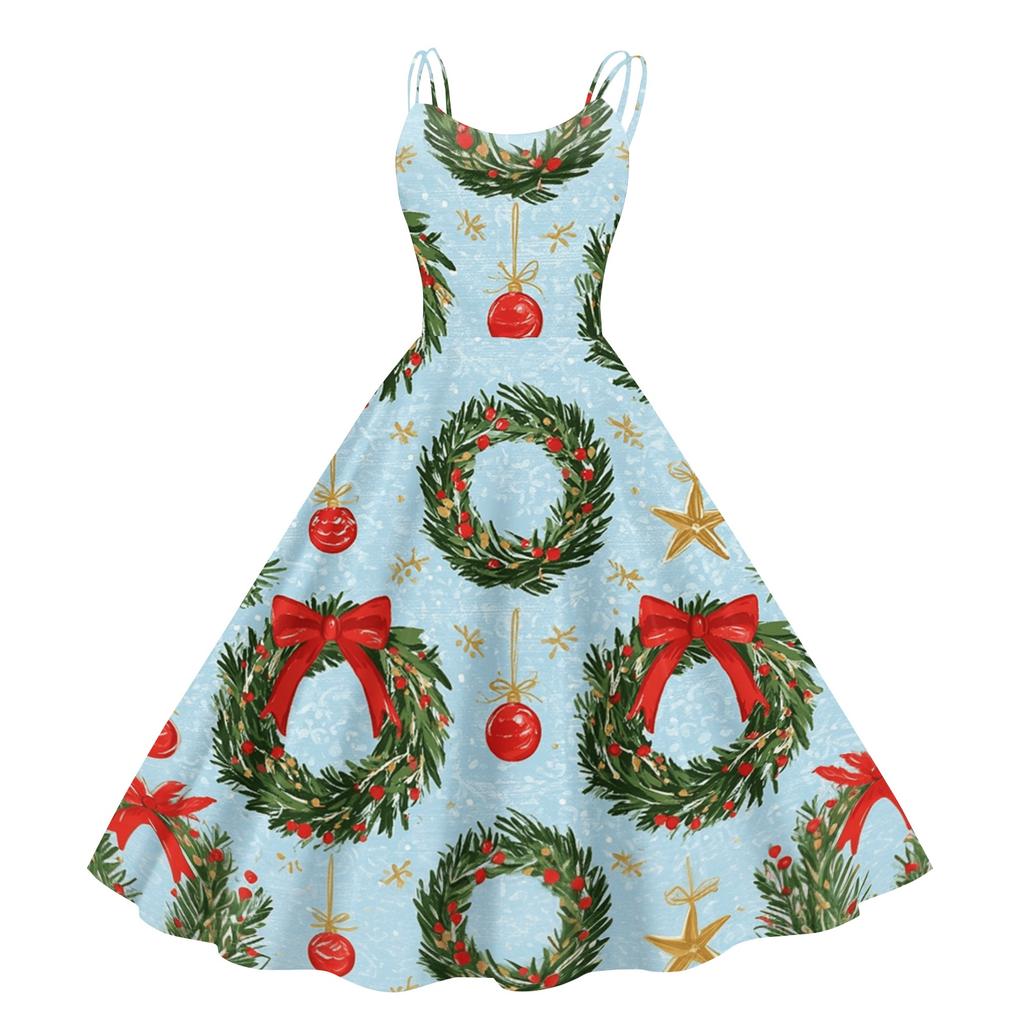 Damen Weihnachtsdruck Off-Shoulder Vintage Kleid