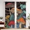 2pcs Vintage Mushroom Print Blackout Curtains - Whimsical Forest Design, Dark Background with Colorful Mushrooms & Flowers