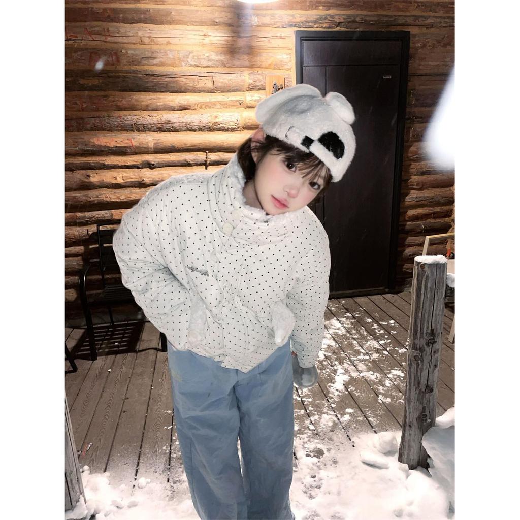 College style corduroy stand-up collar short polka dot cotton-padded jacket female students winter new thickened bread clothes