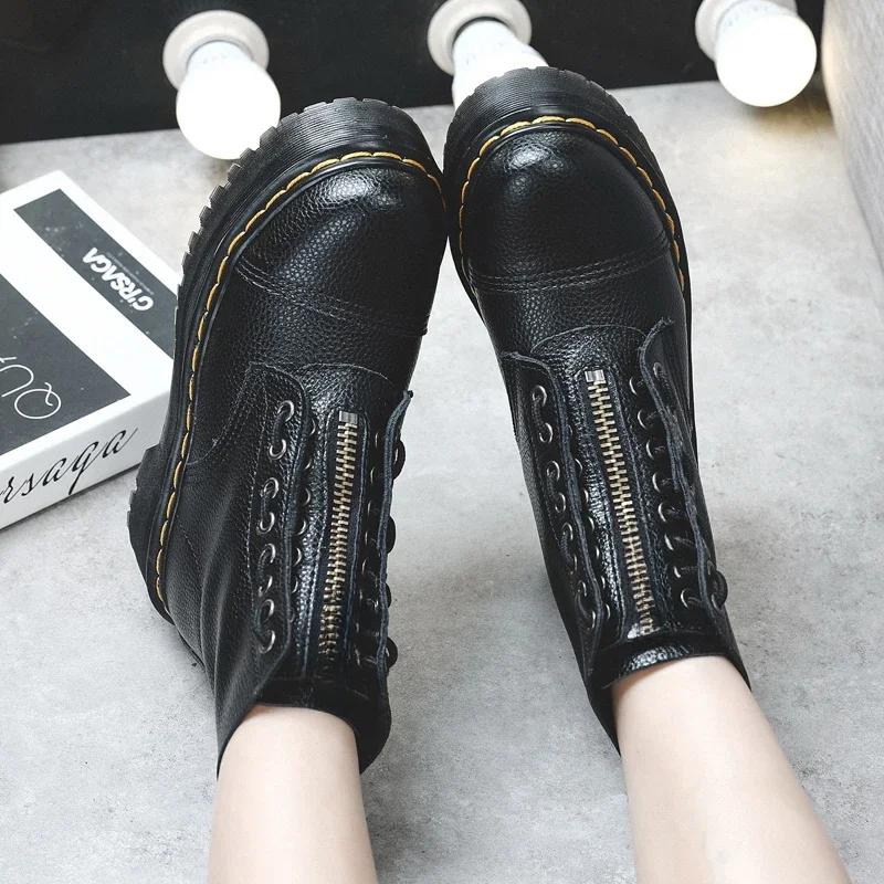 Women Boots Genuine Leather Platform Boots Motorcycle Shoes Front Zipper Optical Soles Fashion Sexy Punk Men Winter Boots 34-45