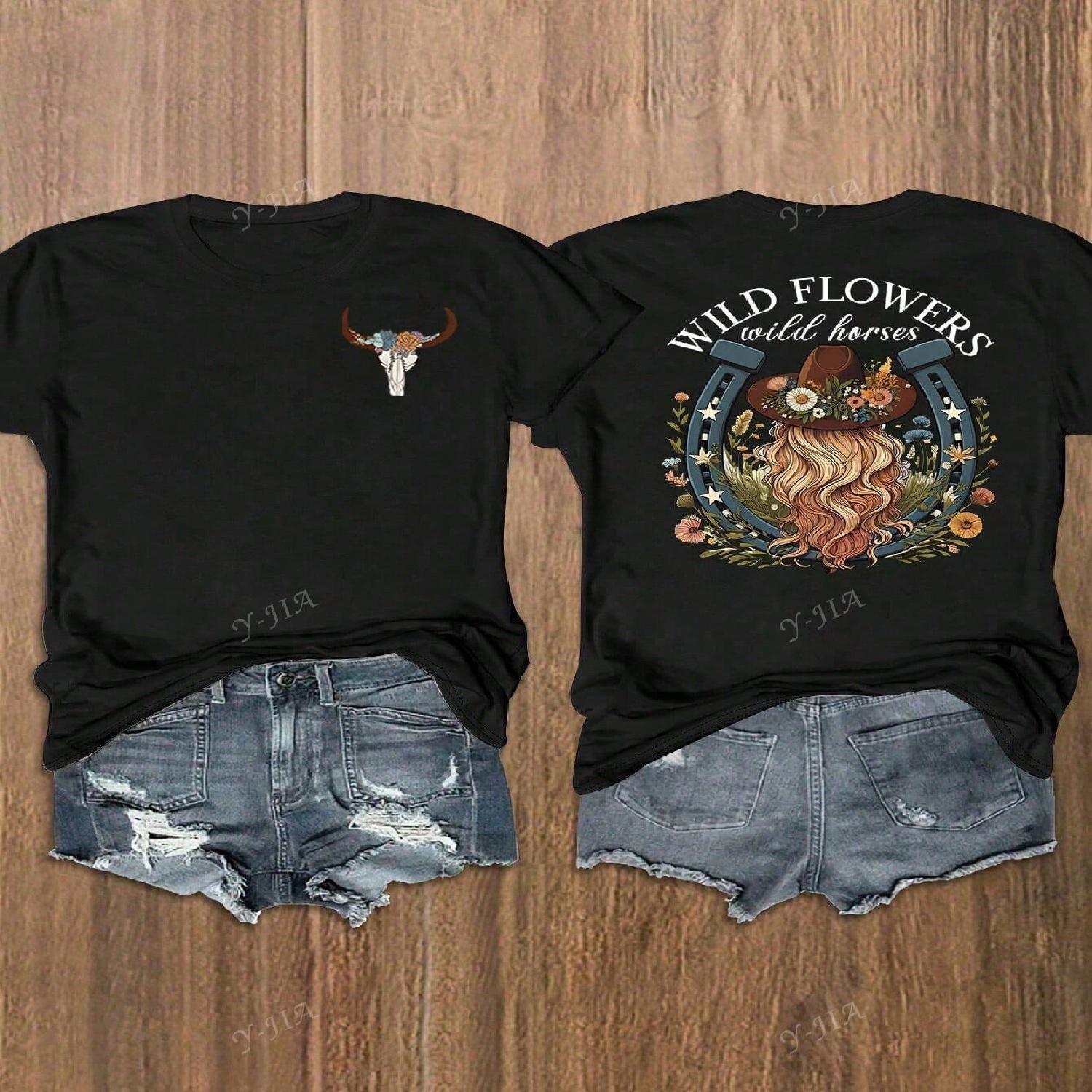 Wild Flowers & Wild Horses Print Round Neck T-Shirt, Casual Daily Short Sleeve Tee For Music Festival S чёрный