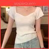 T-shirt Oversize da Donna con Scollo Quadrato e Ricamo in Stile Monocolore per l'Estate