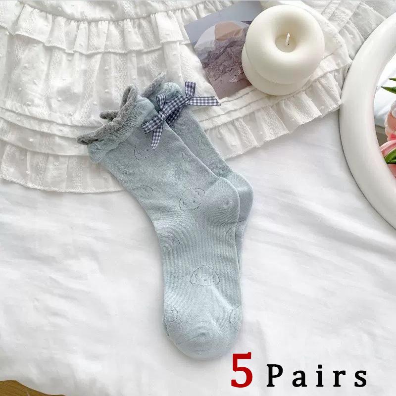 Botvotee 5 Pairs Women Bow Dog Mesh Mid Tube Socks Summer Lightweight Breathable Fashionable Wavy Edge Ballet Style Casual Socks One Size