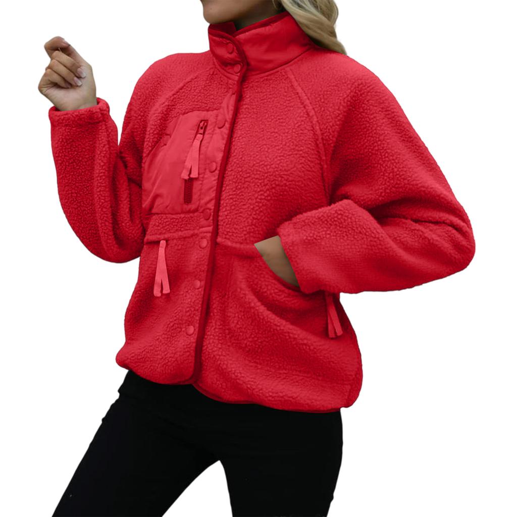 Damen Stehkragen Fleecejacke Knopfleiste Lässige Oberbekleidung Langarm Leichtes Sportliches Oberteil mit Tasche