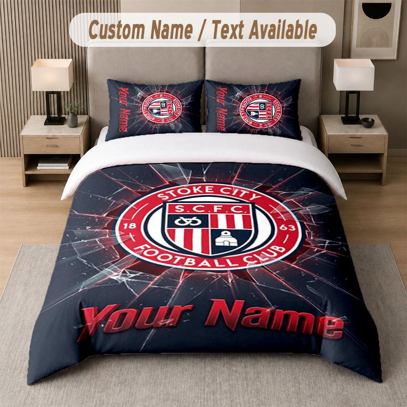 Custom Bedding Set Stoke City FC Pattern, Print Name Text 1 Duvet Cover Plus 2 Pillowcases Home Textile