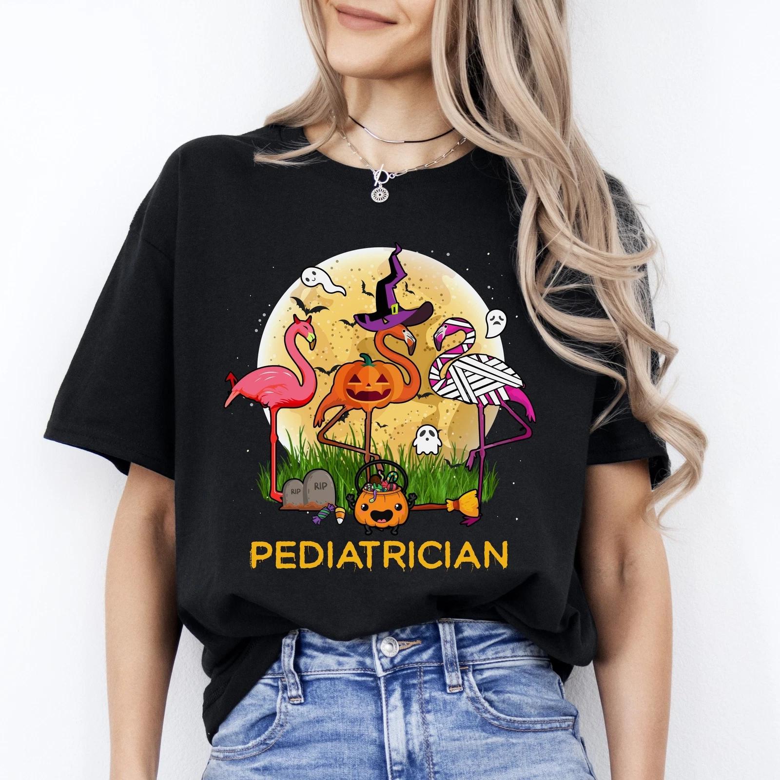 Pediatrician Halloween Unisex T-Shirt Scary Spooky Flamingo Picu team tee Black 3XL