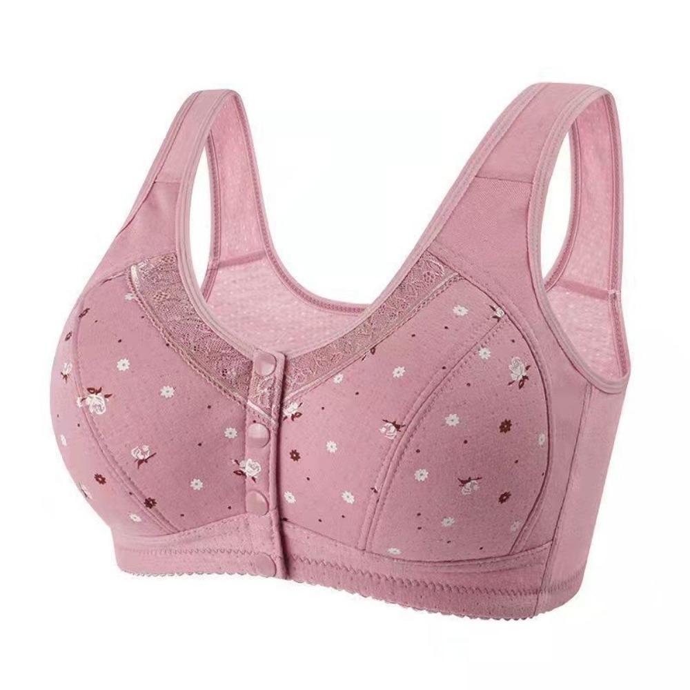 Sous-vêtements grande taille printemps et été pour personnes d'âge moyen et âgées, soutien-gorge pur sans armature, soutien-gorge gilet imprimé à bordure en dentelle à boutonnage avant