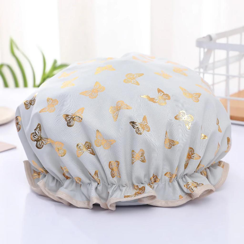 Double Shower Cap Waterproof Hair Cap Gold Printed Terylene Cotton Shower Cap Bathing Women