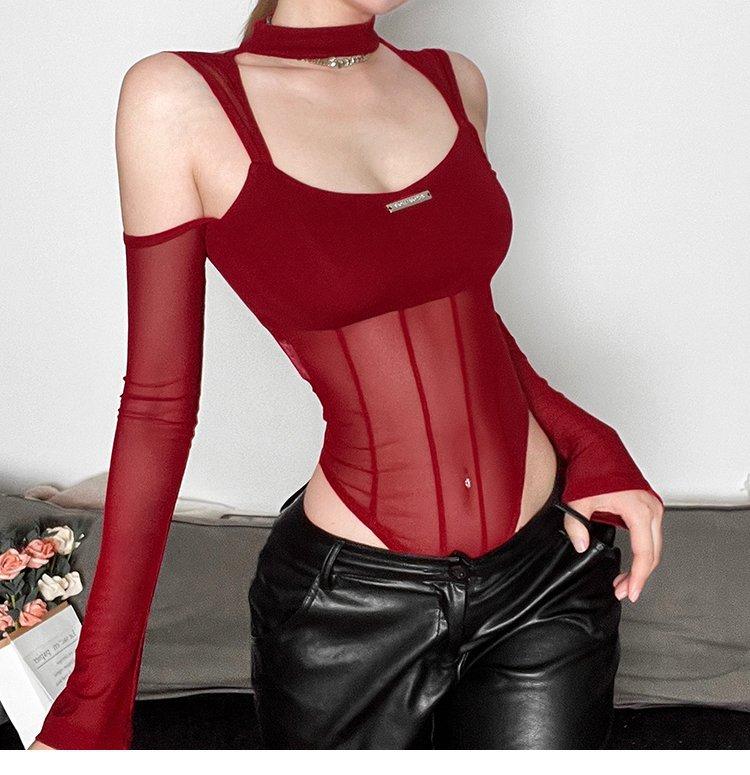 Slim fit inside Spice girl mesh low-cut style autumn and winter thin new fashion off-the-shoulder bottoming shirt onesie sexy