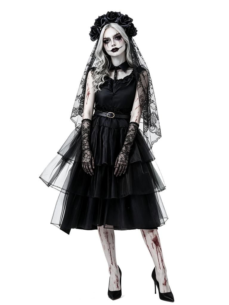 Dámský gotický kostým nevěsty ducha na Halloween Černé krajkové šaty se závojem Rukavice Pásek Viktoriánská Zombie Nevěsta Cosplay Party Svatba