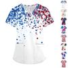 Bata de manga corta con cuello en V para mujer con estampado de estrellas y rayas Tejido suave Dos bolsillos Ajuste cómodo para uniformes de trabajo