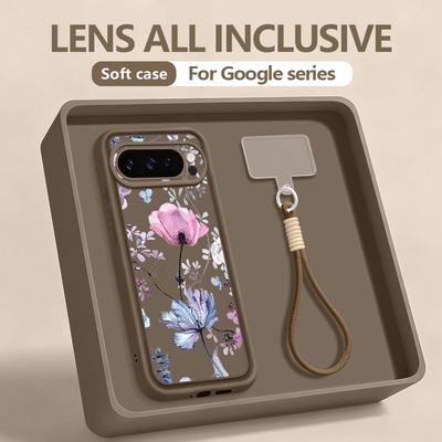 Pink Flower Pattern Lanyard Phone Case For Google Pixel 10 9 8 7 Pro Pixel 9 10 Pro XL 7A 8A 9A Shockproof Soft Silicone Cover
