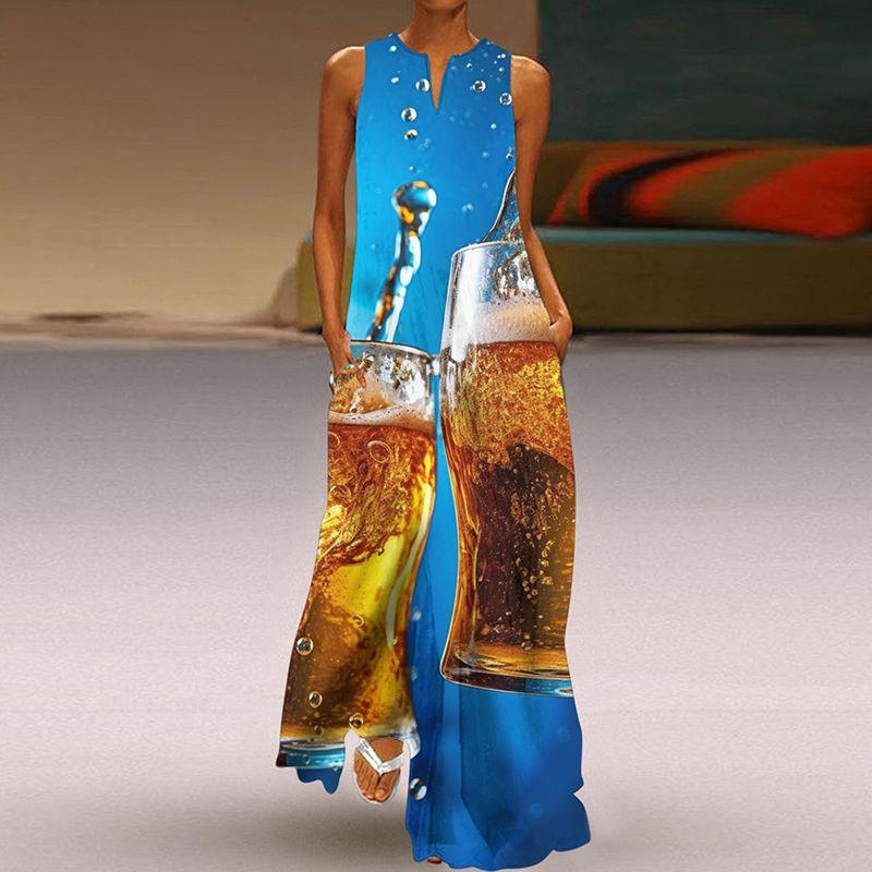 

Летнее поступление Платье с V-образным вырезом 3D-принт Живопись тушью Эффект градиента Трехмерное Без рукавов С карманом Длинное платье Женщины VLCQ-470 XL