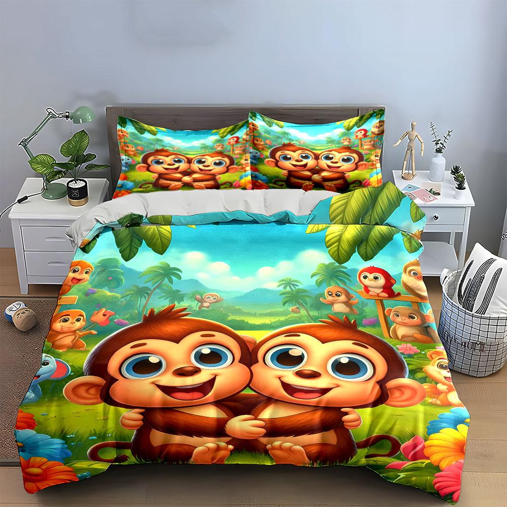 Smiling monkeys with greenery. Bedding sets Duvet cover sets Duvet covers Pillowcases(1 * Duvet Cover 2 * Pillowcases without duvet insert)