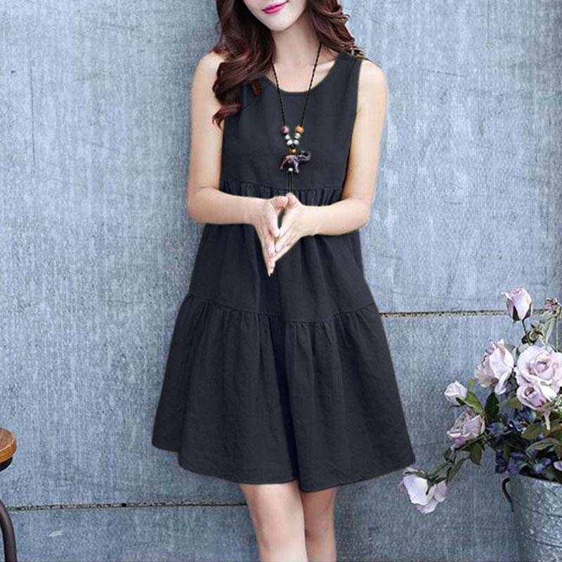 

ZANZEA Женское повседневное винтажное однотонное платье-майка с круглым вырезом и трапециевидной формы 5XL тёмно-синий