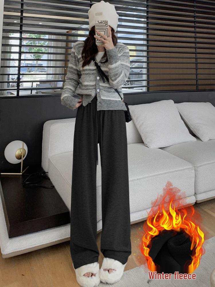 Women's Dark Gray Soft Wide-Leg Glutinous Rice Pants - Spring/Autumn Plus Velvet Warm Casual Petite Long Pants.