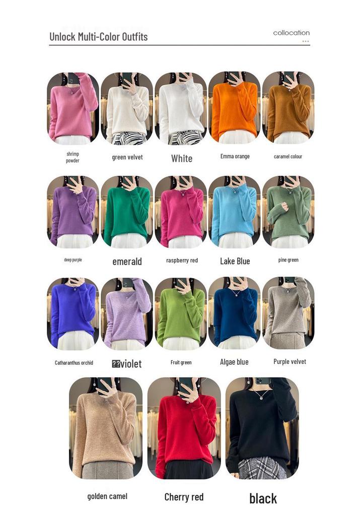 Women's 100% Pure Wool Versatile Round Neck Loose Sweater - Solid Color Knitwear