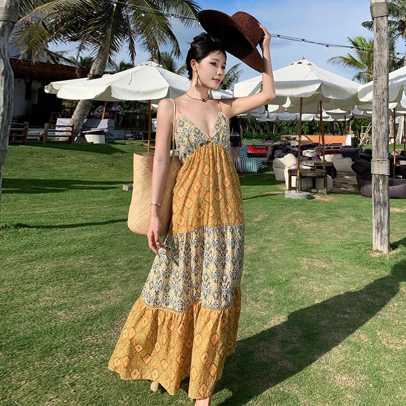 Women's Summer Holiday Loose Halter Printed Layered Patchwork Dresses