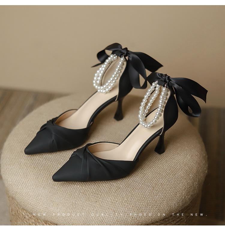 Fashion Temperament Single Shoes Spring New Pearl Pointed Head Shallow Mouth Stiletto with High Heels