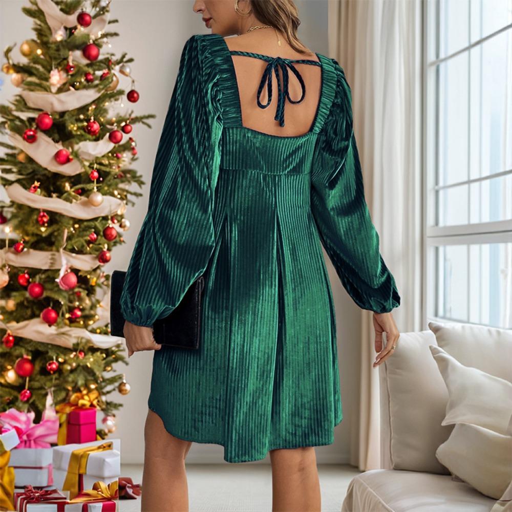 Women's Square Neck Long Sleeve Velvet Dress A-Line High Waist Solid Mini Dress With Pockets