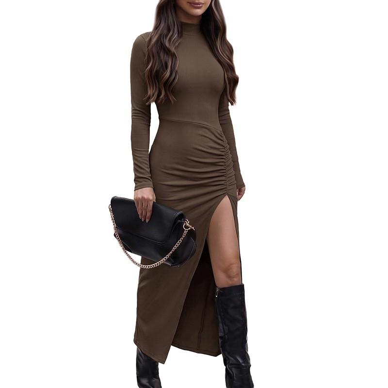 Womens Knit Long Sleeve High Neck Bodycon Midi Dress With Side Slit Casual Winter Outfit