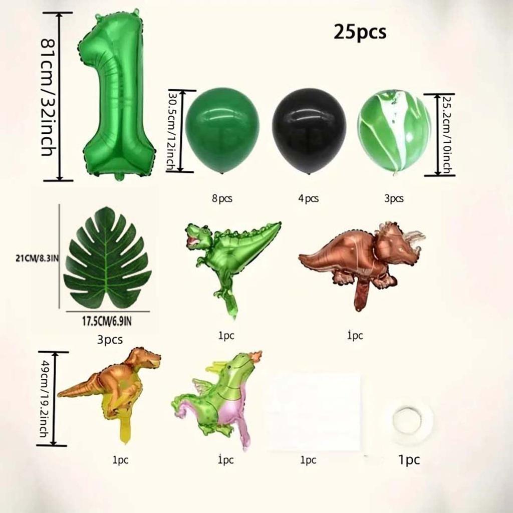 25 Stück grünes Dschungel-Dinosaurier-Digitalset für Jungen-Geburtstagsparty-Dekoration Nummer Ballonsäule Tyrannosaurus rex Feuerdrache