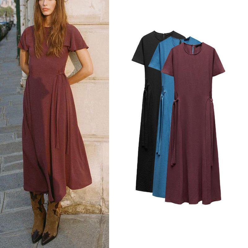 Spring New Women's Clothing French Style Short Sleeve round-Neck Long Casual Midi Skirt Dress 0264670