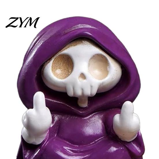 Holiday Skeleton Figurine Purple Robe for Halloween, Middle Finger Table Ornament Resin Statue, Gothic Walking Dog Sculpture
