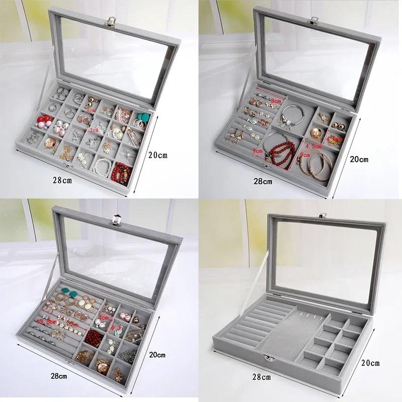 New Velvet & Glass Jewelry Display Organizer Box - Tray Holder Storage Case for Rings & Earrings