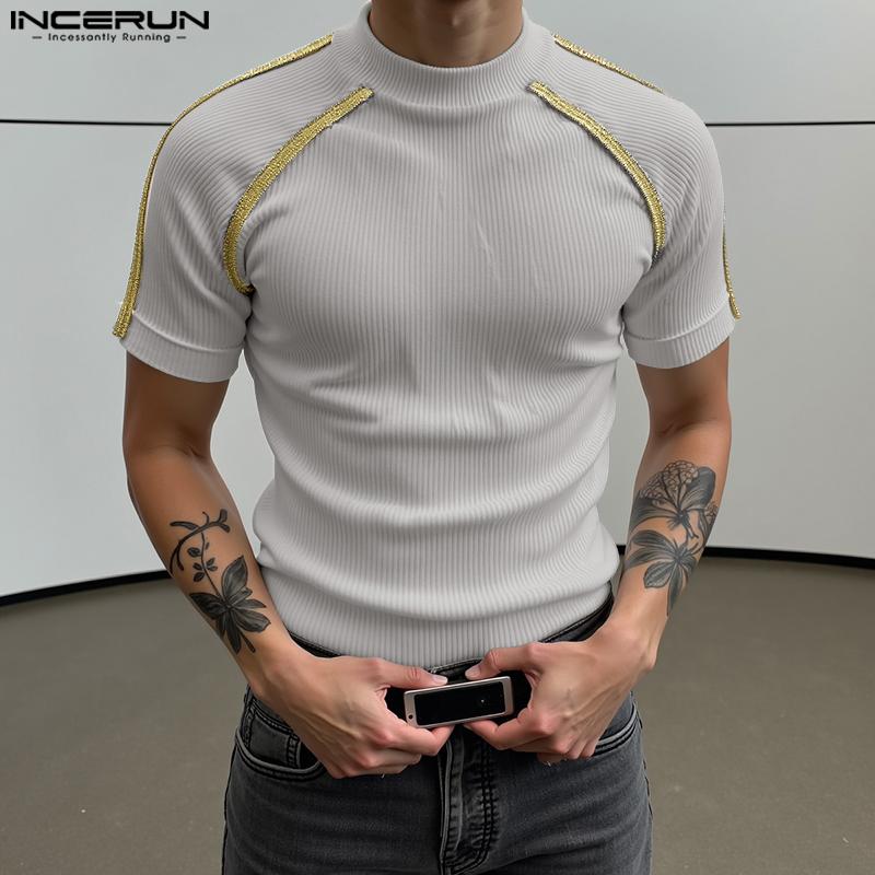 INCERUN Men Short Sleeve Stitching Casual Rib T-shirts Tops