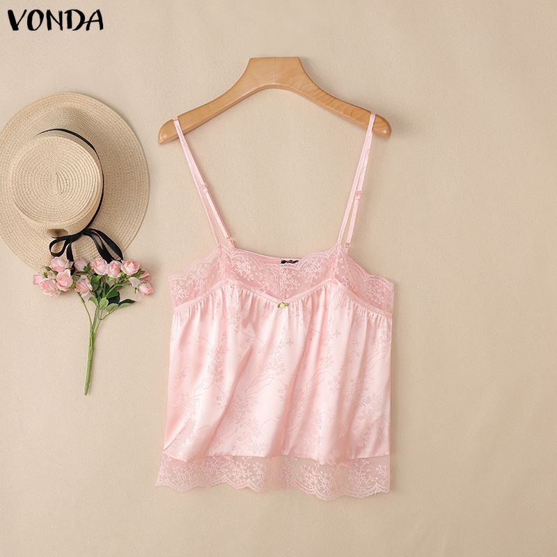 VONDA Women's Sexy Lace Trim V-Neck Sleeveless Spaghetti Strap Cami Tank Top