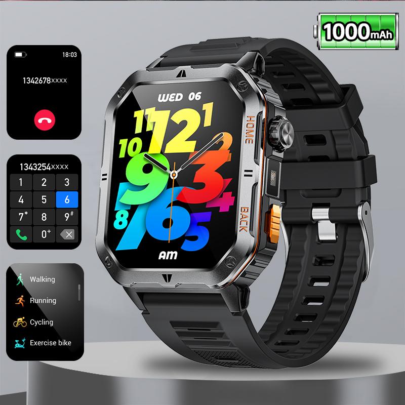 Rugged Military 1000mAh Smart Watch Men Outdoor Flashlight  Watch 2.01" HD Touch Screen Voice Bluetooth Call Smartwatch NEW