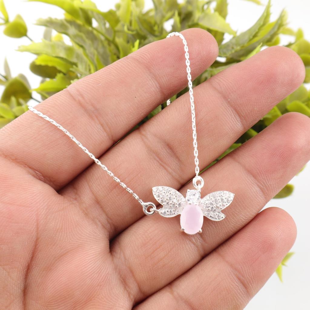 For Women Rose Chalcedony Gemstone 925 Sterling Silver Jewelry Zircon Pendant CZP-12-16