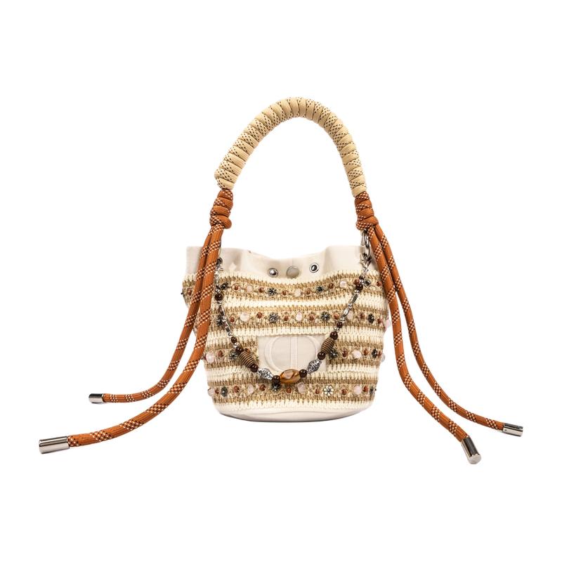DIOR DIY Style Cosmetic Bag Fantasy Incredible Weaving Art Elegant French Temperament Beige Bucket Drawstring Storage Bag Polyester Fiber белый