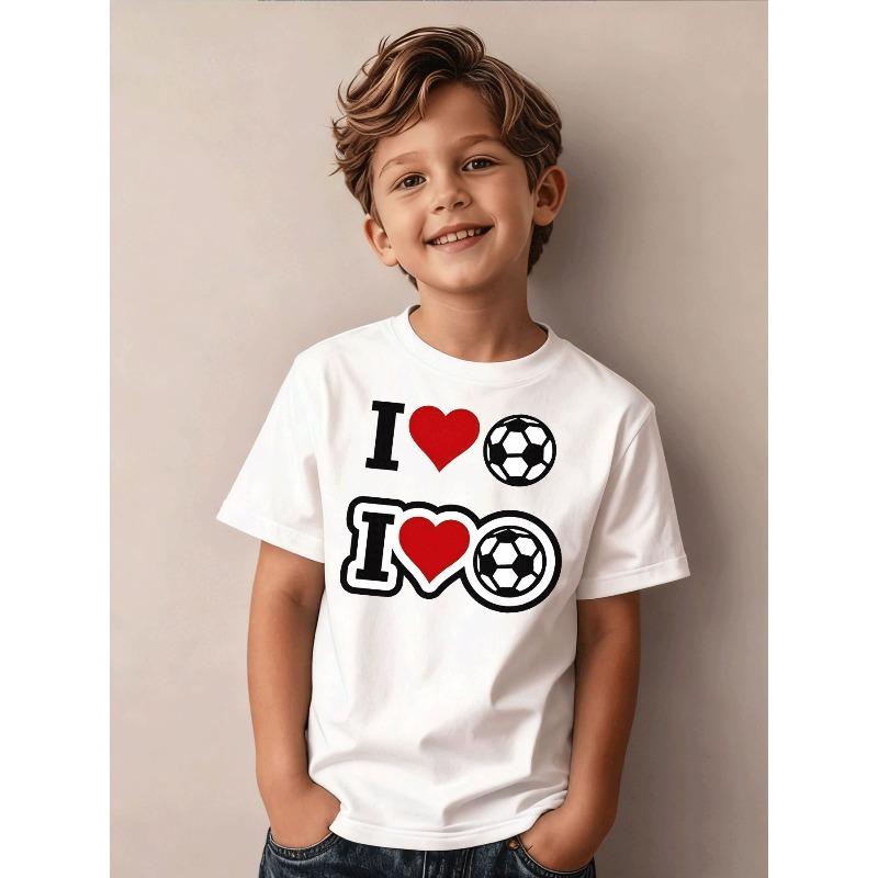 Boys Black I Love Soccer Red Heart Print Crewneck Short Sleeve Tee, Sports Casual Holiday Gift 110 белый