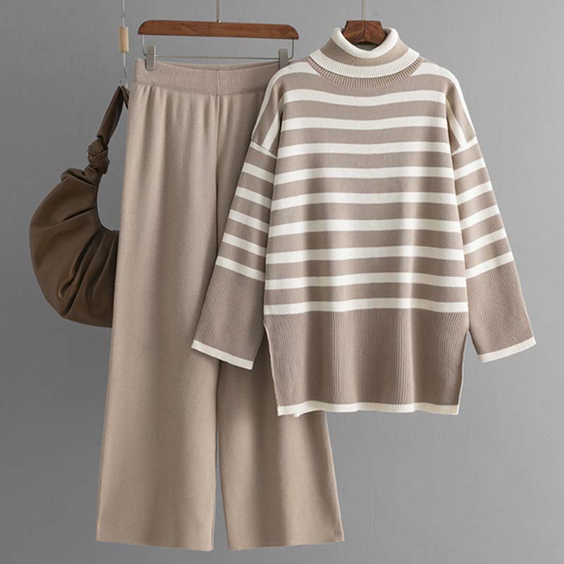 

Женский модный полосатый свитер с высоким воротом, комплект из двух частей, осень-зима, свободный трикотажный свитер с эластичной резинкой на талии и широкими брюками One size хаки